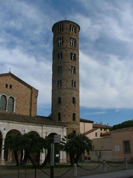Cylindrical brick bell tower beside the Basilica of Sant'Apollinare Nuovo in Ravenna