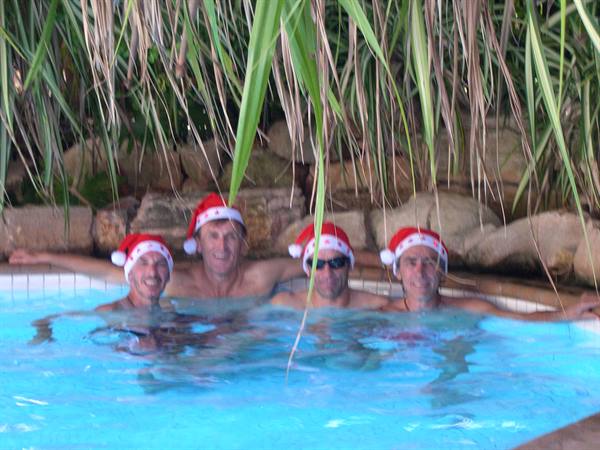 Four men wearing Santa hats swim in a pool surrounded by palms and rocks
