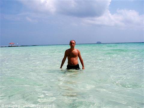 Man in swim trunks wading in shallow turquoise water near white sandy beach