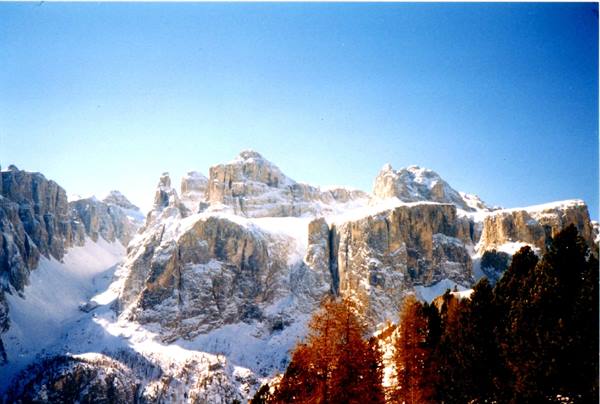 Snow-covered Dolomites peaks under blue sky, red larches in the foreground