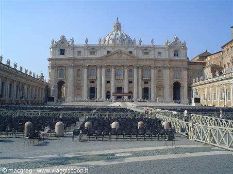 St. Peter's Square with rows of empty chairs before the basilica, bright light