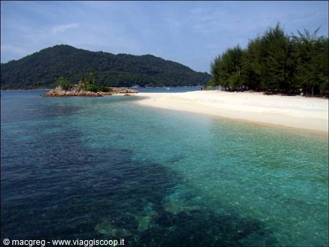 Turquoise clear water in front of white beach and green trees, wooded island behind
