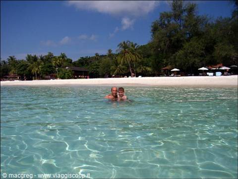Child and father swimming in turquoise sea by white beach with palms