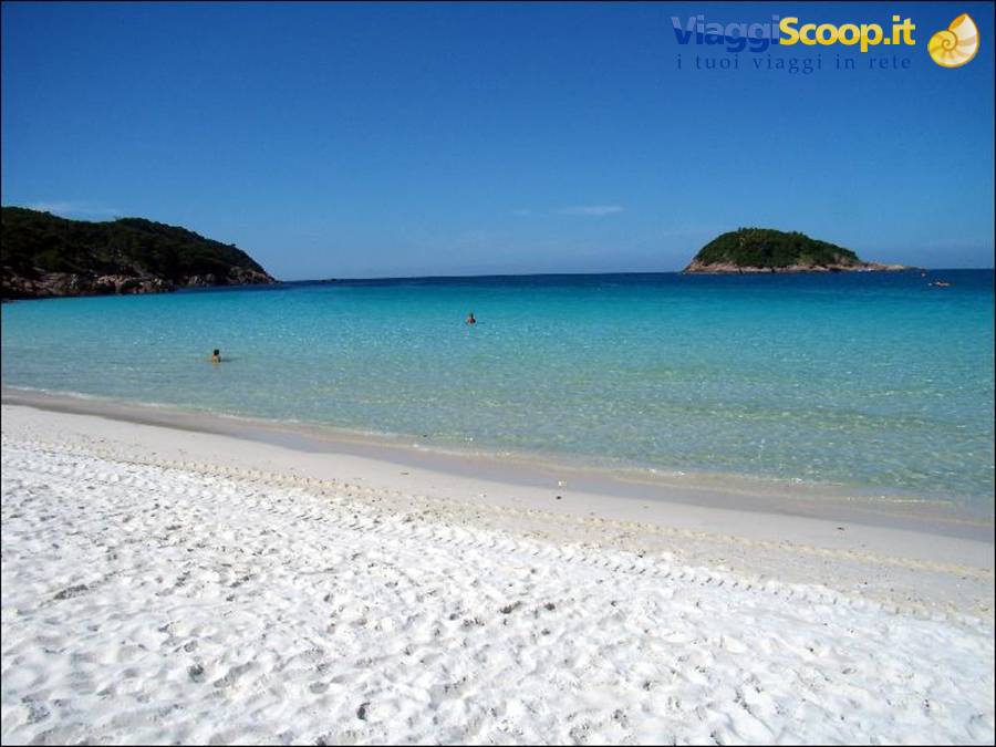White sand beach, clear turquoise water, green islet, swimmers