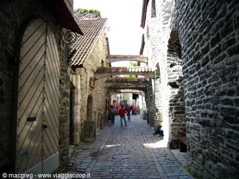 St. Catherine's Passage, Tallinn: medieval stone walls and cobblestones with tourists