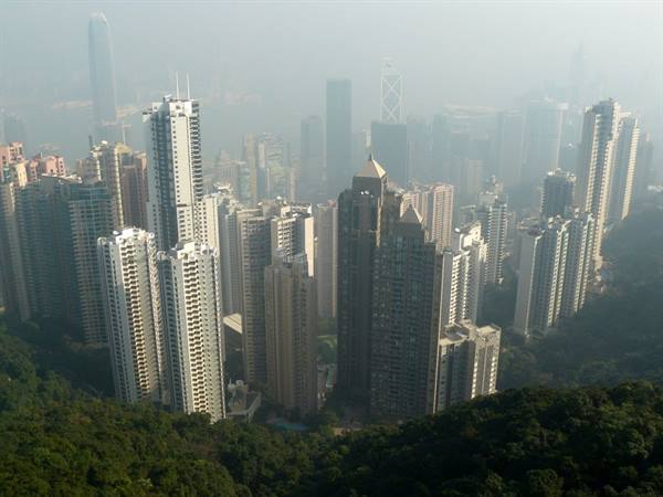 Hong Kong skyscrapers shrouded in haze, seen from Victoria Peak