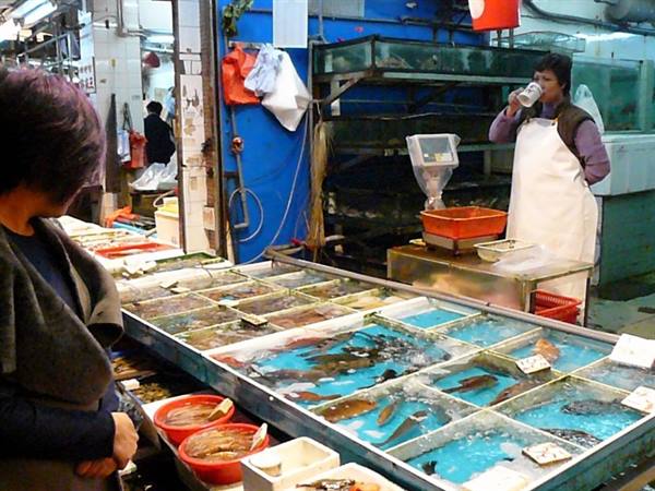 Vendor in white apron drinks beside fish tanks in a covered market