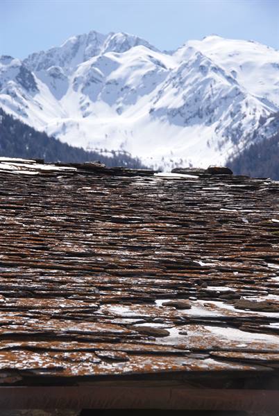Brown stone shingle roof in front of snowy mountains under blue sky
