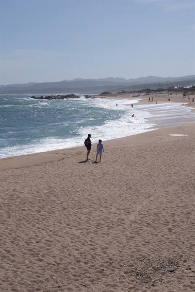 Two people walk on the sand in front of the waves