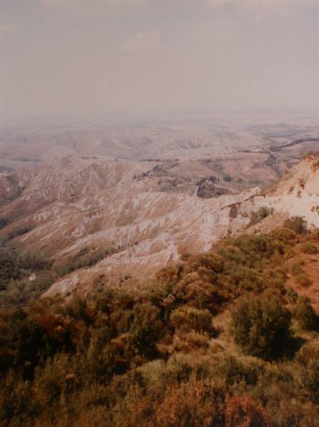 Eroded clay badlands among Mediterranean shrubs under soft morning light