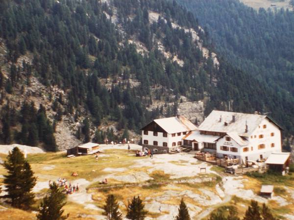 Alpine wooden refuge on green meadow, tourists walking among conifers