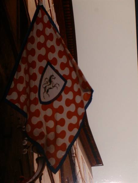 Heraldic banner with a horse hanging on an old building