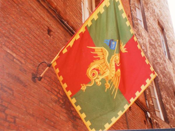 Green and red banner with golden griffin hanging on a brick wall in Perugia
