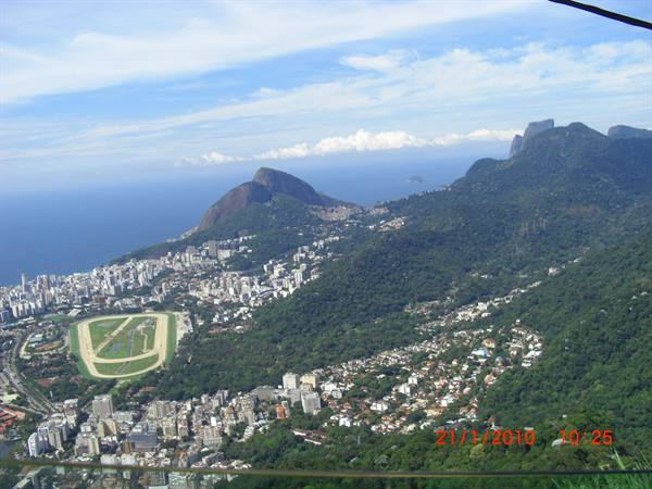 Racecourse and Dois Irmãos hill seen from above, green city and ocean