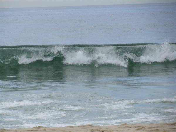 Green wave breaking into white foam in front of the sandy beach