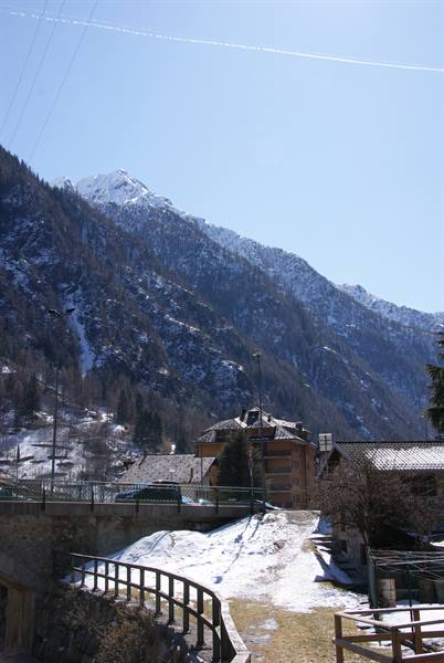 Snowy alpine village with stone roofs below forested mountains
