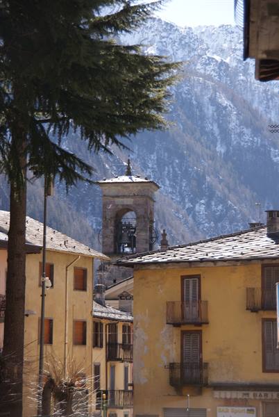 Stone bell tower among yellow houses, fir tree foreground, snowy mountains