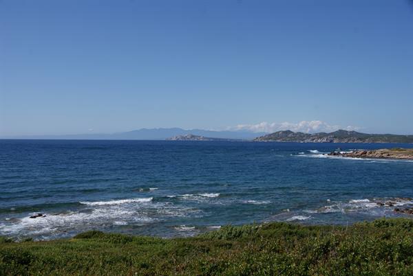 Waves on rocks and Mediterranean scrub, coastline and islands on the horizon