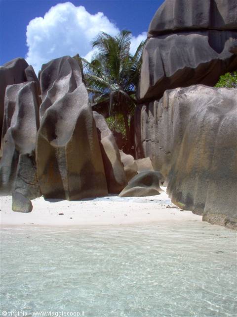 Sculpted granite boulders on white sand, clear water and palms, Anse Source d'Argent