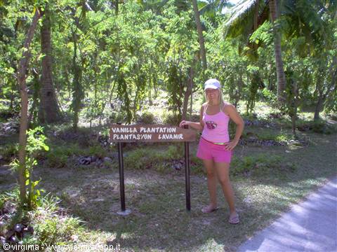 Woman beside the wooden Vanilla Plantation sign among palm trees