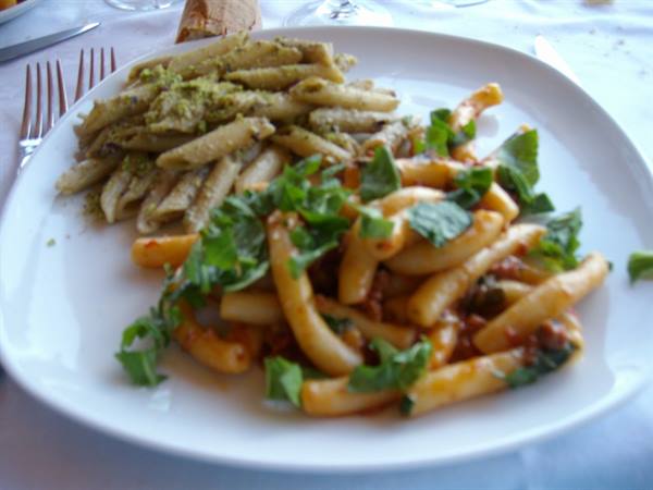 Two first courses: 'Pennette alla Nelson' and 'Maccheroni norma e rucola'