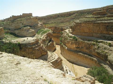 Stone village atop layered rock cliffs above sandy canyon in sunlight
