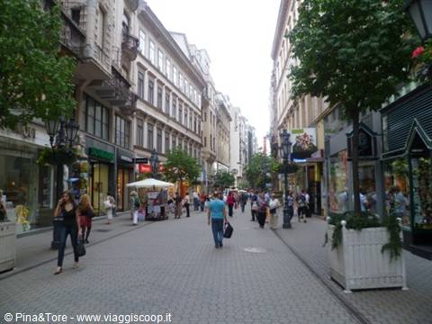 Pedestrian street with shops and historic buildings, people walking among trees and stalls