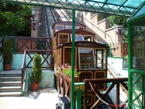 Gellért funicular, vintage wooden cars on the hillside track, Budapest