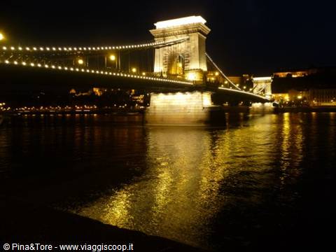 Chain Bridge lit up at night over the Danube in Budapest