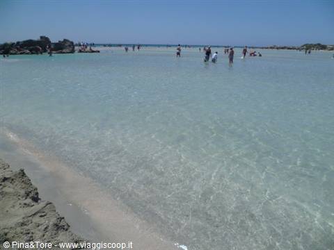 Shallow clear turquoise water with bathers, Elafonissi lagoon in Crete