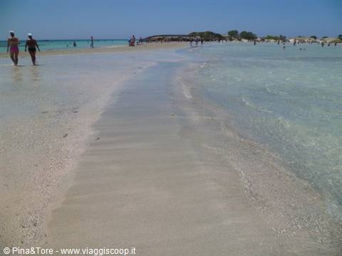Turquoise lagoon and pale sand, bathers wading along Elafonisi shore