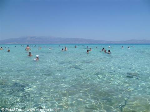 Swimmers in the shallow turquoise water of Elafonisi, Crete