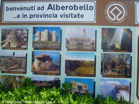 Welcome sign to Alberobello showing photos of trulli and attractions