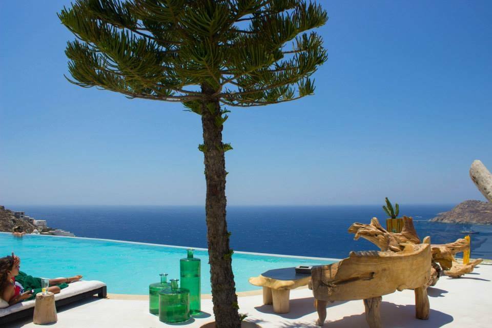 Albero su terrazza con piscina a sfioro e mobili di legno grezzo, mare azzurro
