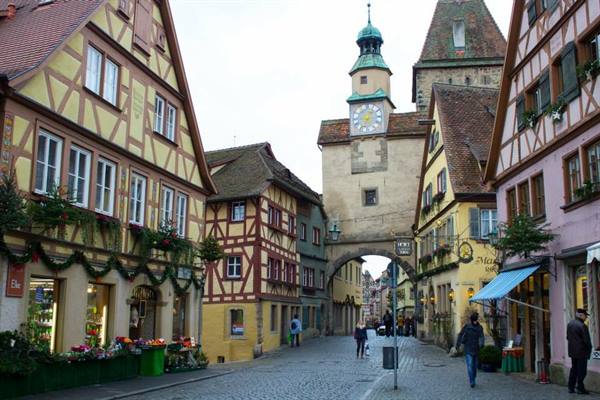 Half-timbered houses and clock tower in Rothenburg ob der Tauber