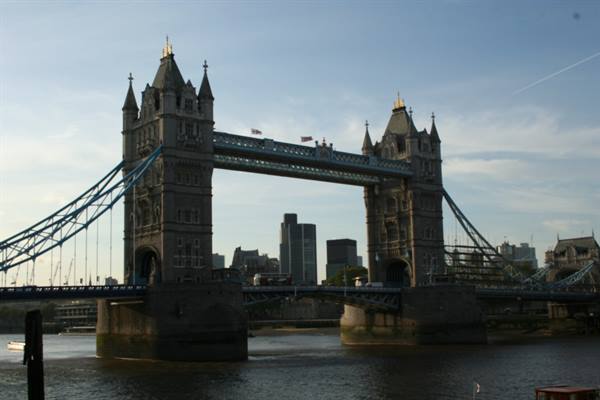 Tower Bridge in London, stone towers and steel suspension over the Thames