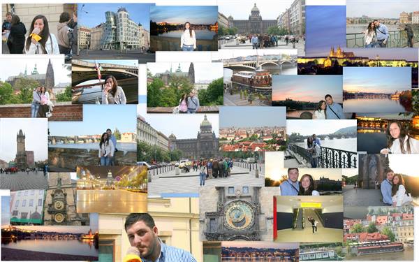 Couple collage in Prague: Charles Bridge, astronomical clock, Dancing House and beer