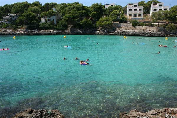 Swimmers on floats in turquoise water, rocky shore and buildings among pines, Cala d'Or