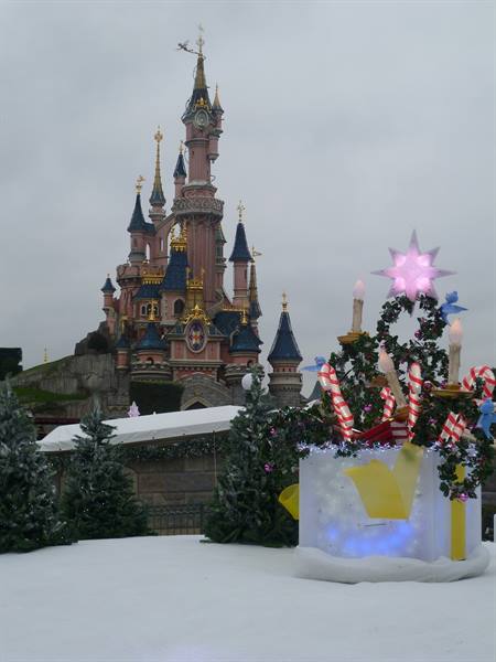 Sleeping Beauty castle with Christmas decorations and illuminated candles