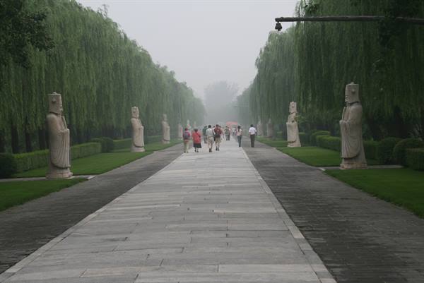 Sacred Way of the Ming Tombs, stone statues among willows in fog
