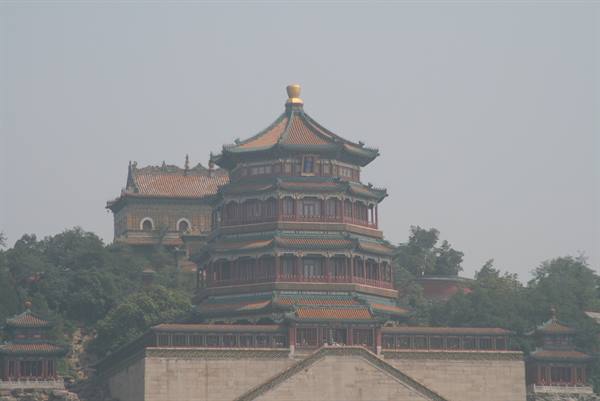 Tower of Buddhist Incense at the Summer Palace, golden finial in haze