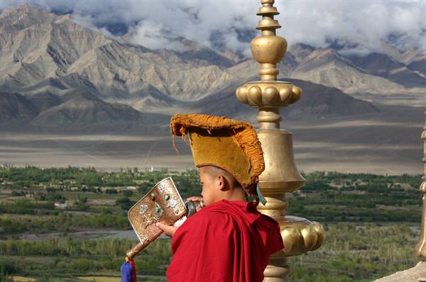 Young monk in yellow hat reads a sacred text beside a golden spire, mountains behind