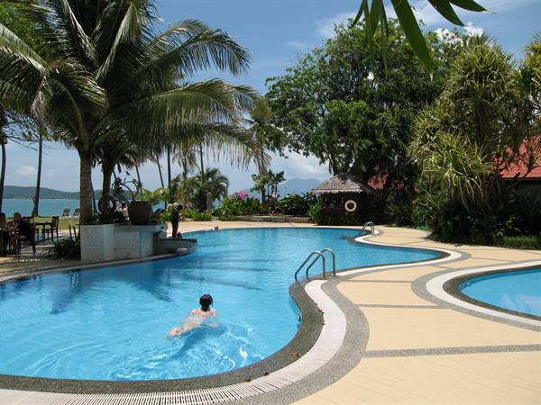 Woman swimming in a pool among palms and gazebo by the sea