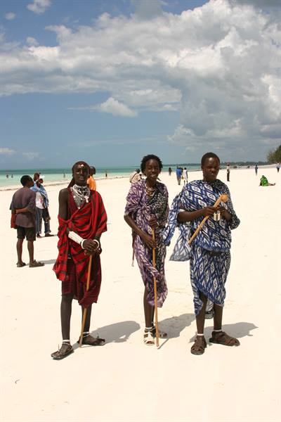 Three Maasai men in red and blue cloths with wooden staffs on white sand