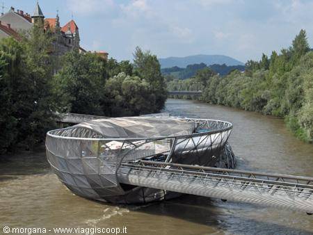 Graz Murinsel - island on the river Mur. Inside it there are a café and an amphitheatre.