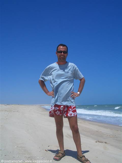 Man in light blue t-shirt and floral shorts standing on the beach