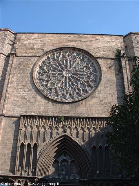 Santa Maria del Mar stone facade with Gothic rose window and pointed portal