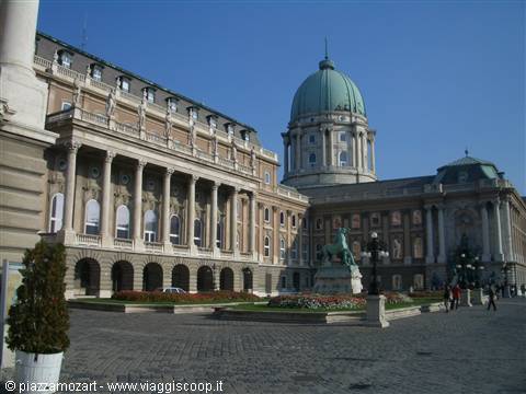 Buda Royal Palace with green dome and equestrian statue in the courtyard