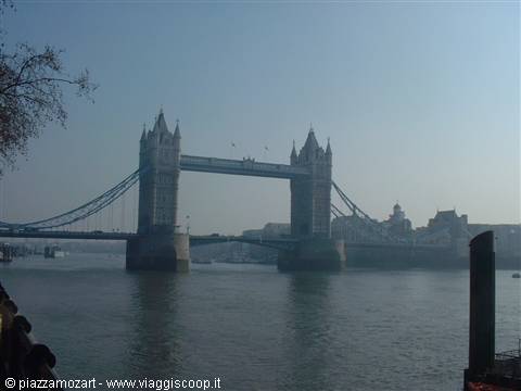 London's Tower Bridge shrouded in mist over the Thames