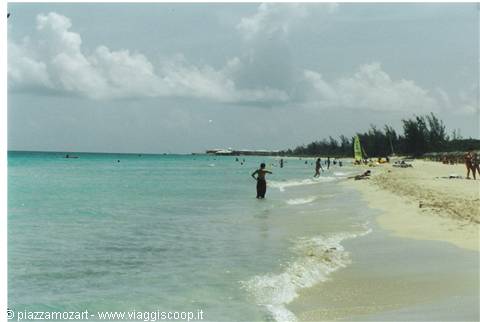 White sand beach, swimmers in turquoise water, windsurf sail on the right